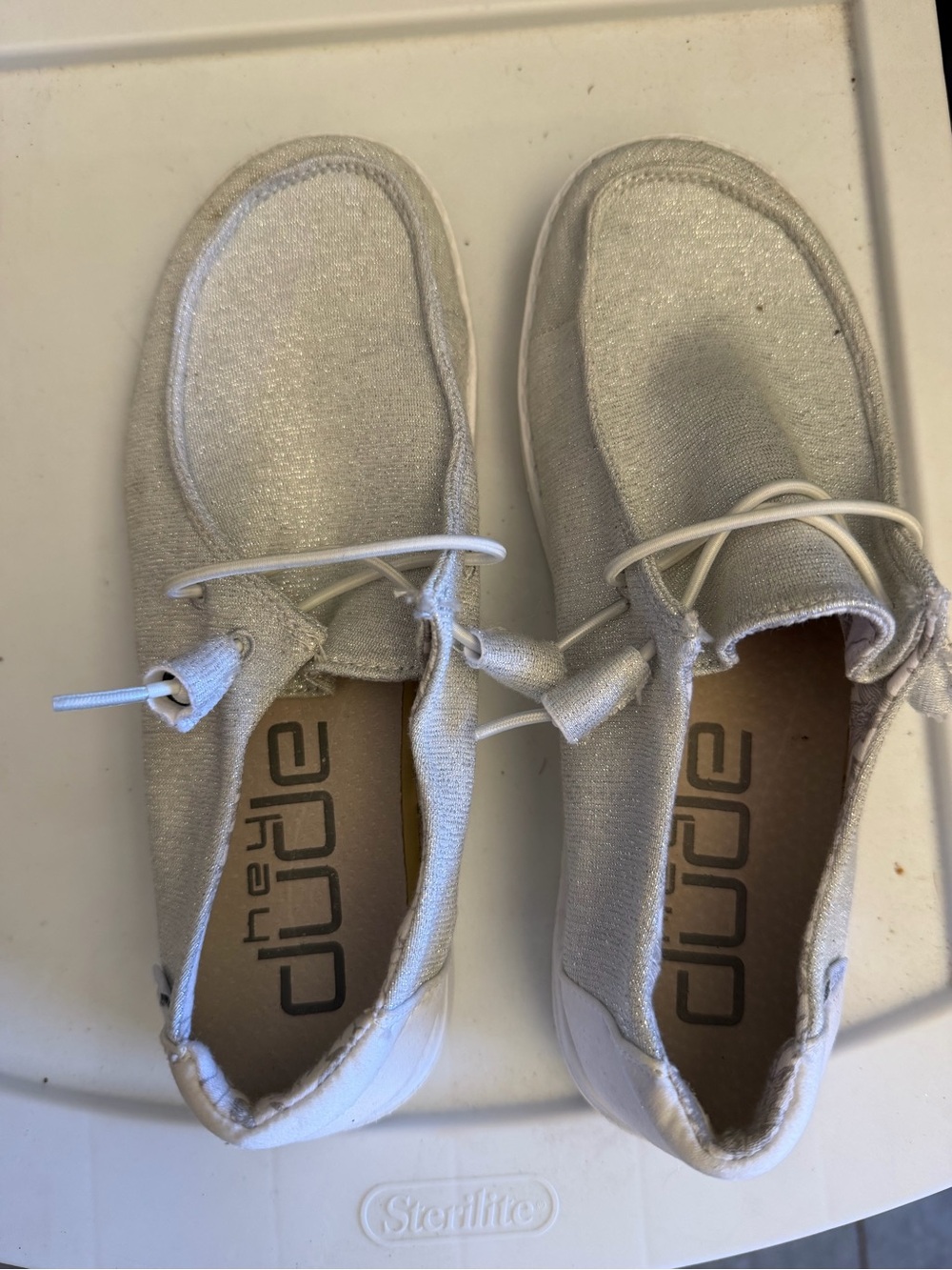 Hey Dude Shimmery Silver-White Slip Ons
